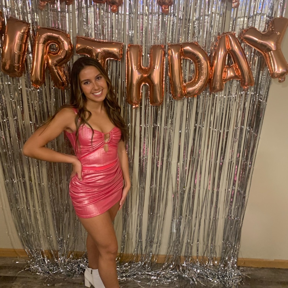 Lucy in the Skye Kim Front tie ruched dress in shimmer pink